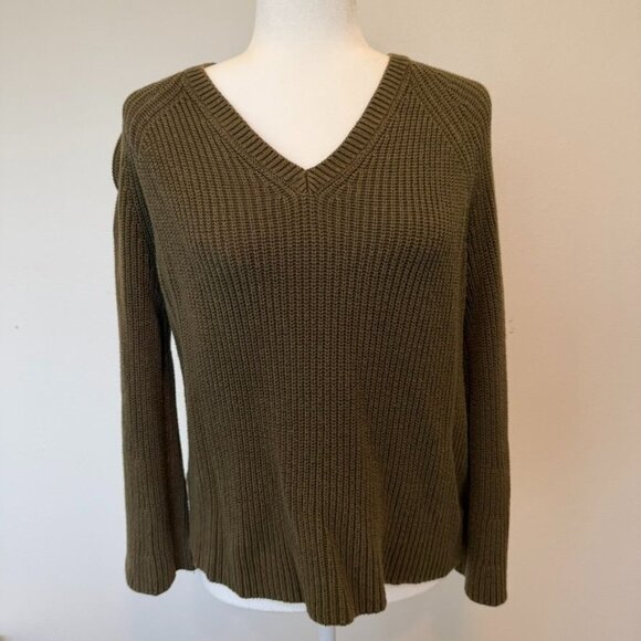 MNG Mango V-Neck Olive Green Cable Knit Sweater Size Small - Picture 1 of 3